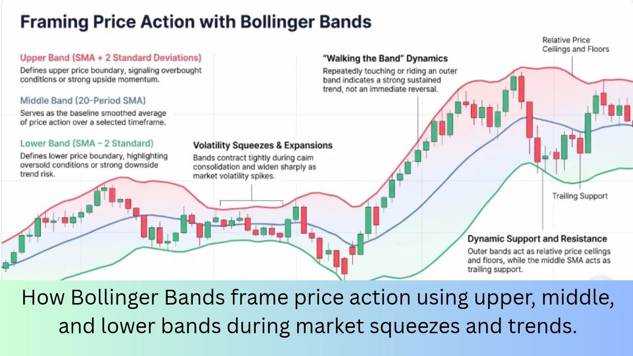 A trading chart showing how Bollinger Bands frame price action using upper middle and lower bands.